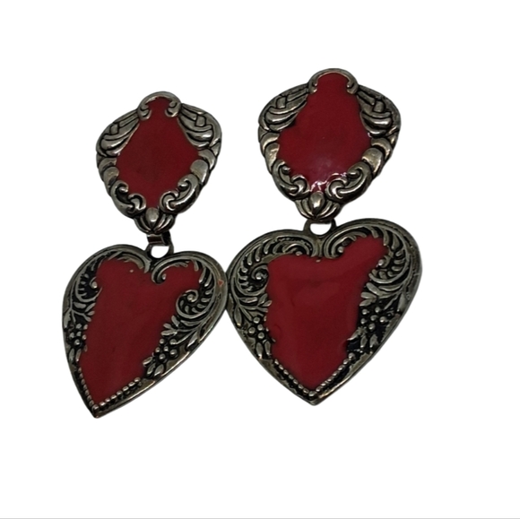 Vintage Art Nouvea Red Enamel & Silver Tone Heart Dangle Earrings - Picture 4 of 5